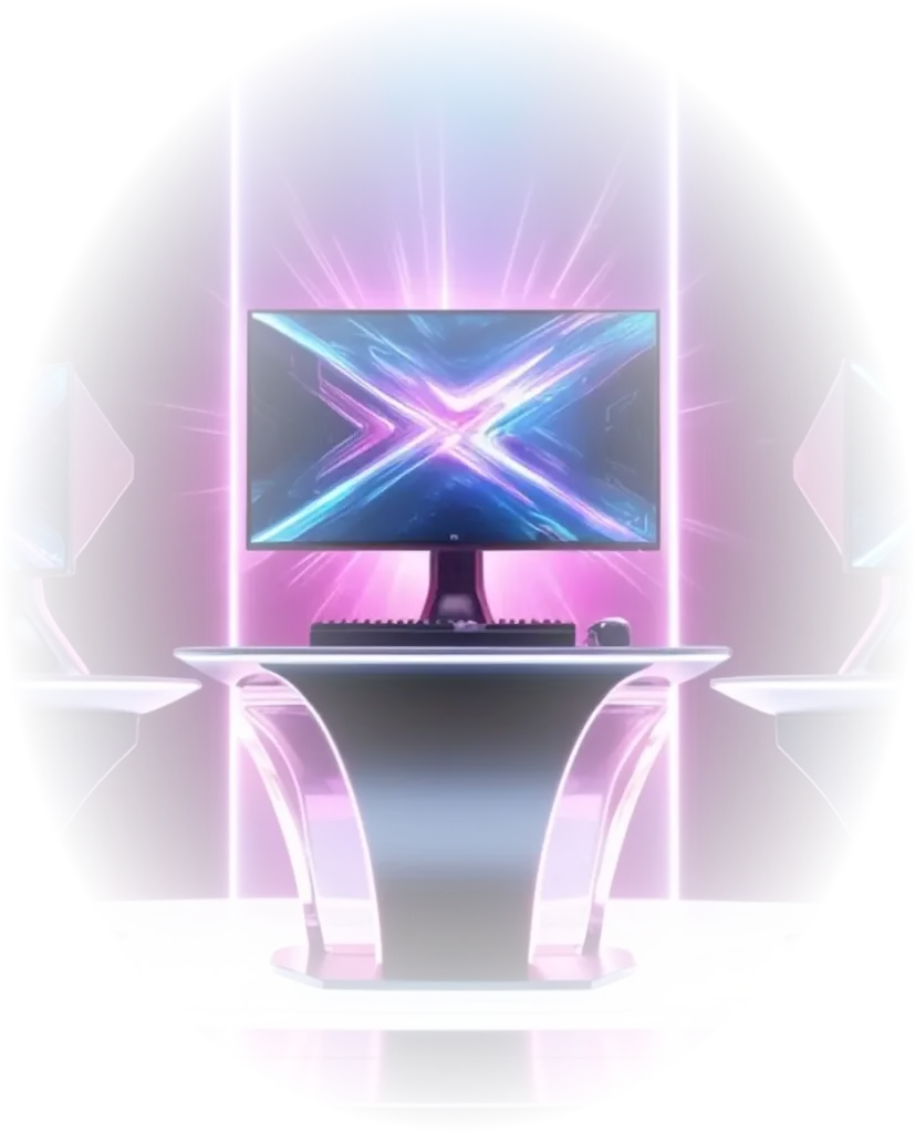 Een futuristische gamingopstelling met drie verlichte monitoren die een X-patroon vormen. Neonblauwe en roze lampjes zorgen voor een energieke, hightech sfeer.
