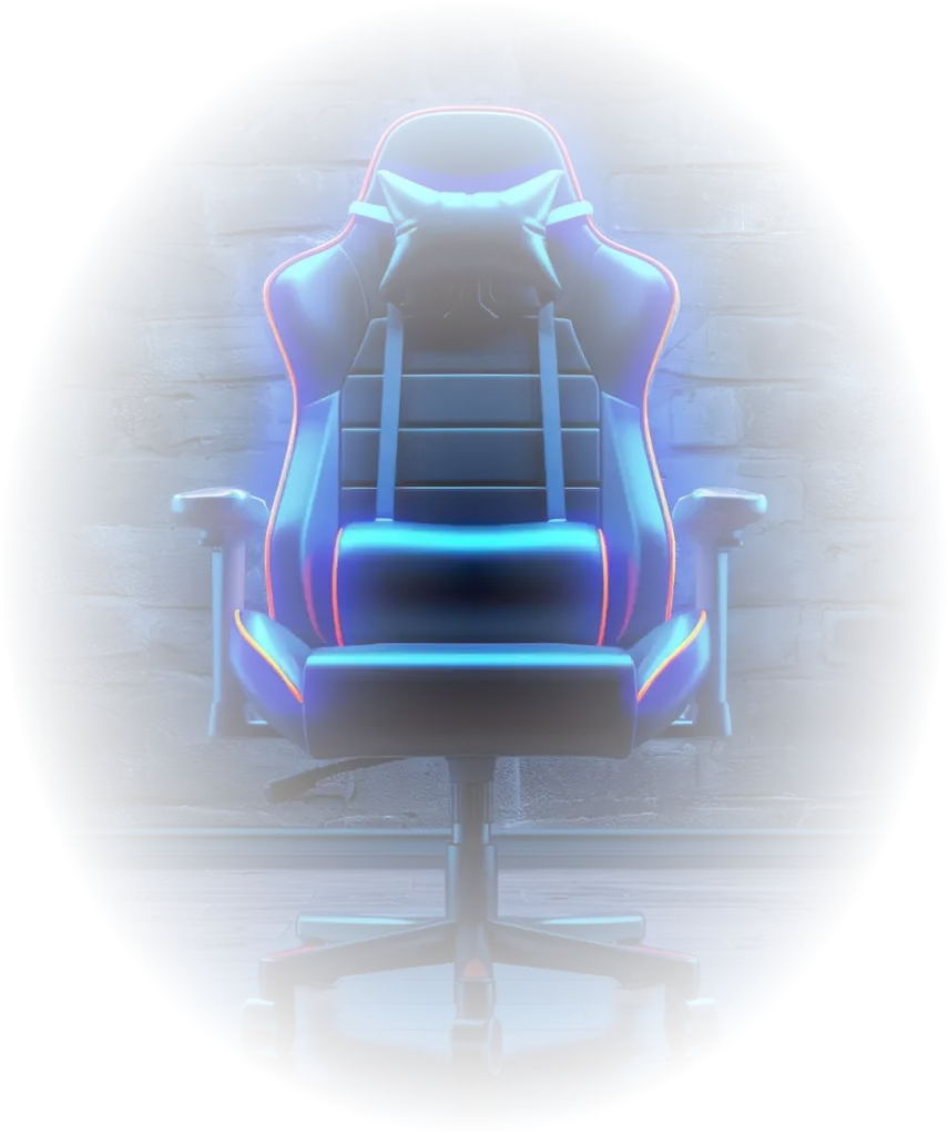 Een futuristische gamingstoel met neonblauwe en paarse lampjes staat tegen een donkere, gestructureerde bakstenen muur op een houten vloer. Het tafereel straalt een strakke, moderne sfeer uit.