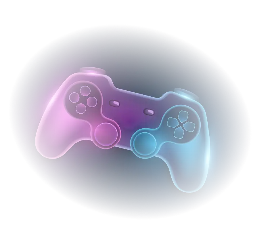 Een oplichtende gamecontroller met paarse en blauwe tinten tegen een donkere achtergrond. Stijlvol en modern, straalt hij spanning en een gevoel van technologische innovatie uit.