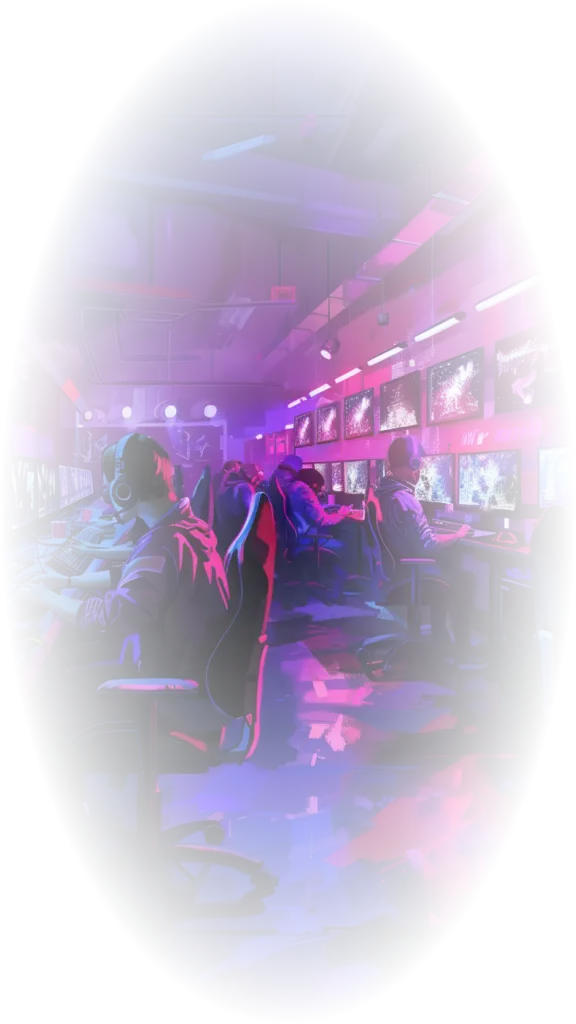 Mensen met een koptelefoon op zitten achter verschillende computers in een schemerige ruimte, verlicht door blauwe en roze neonlichten, wat een intense gamesfeer creëert.
