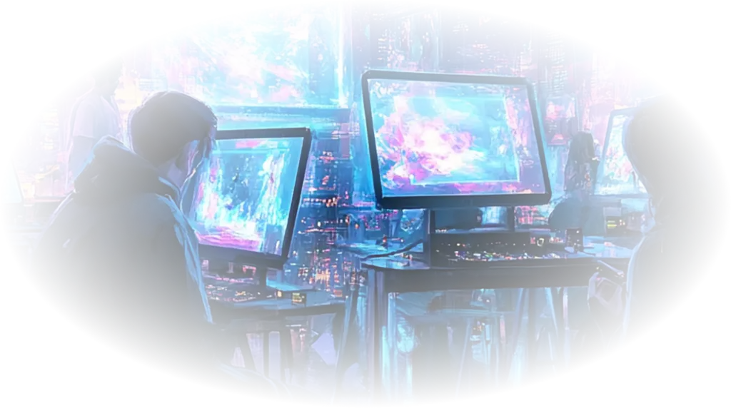 Een schemerige kamer in cyberpunkstijl waar mensen achter oplichtende computerschermen zitten, omringd door neonblauwe en roze stadslichten, wat een futuristische sfeer creëert.