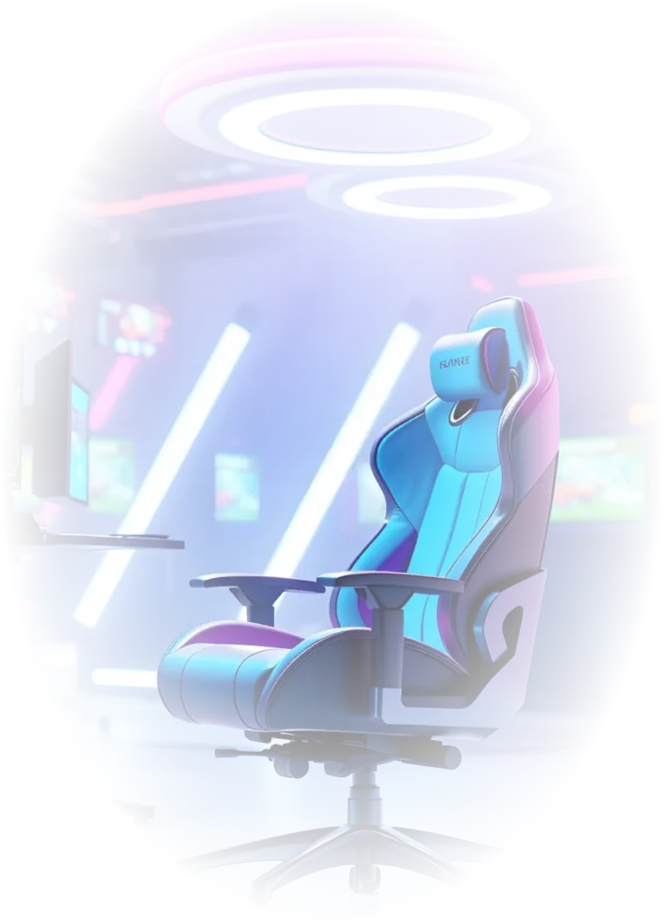 In een futuristische kamer staat een strakke gamingstoel met blauwe en zwarte kussens. Neonverlichting en oplichtende schermen zorgen voor een levendige, hightech sfeer.